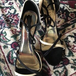 Kiss & Tell Open Toe Sandal black and cream suede and patent leather NWOT
